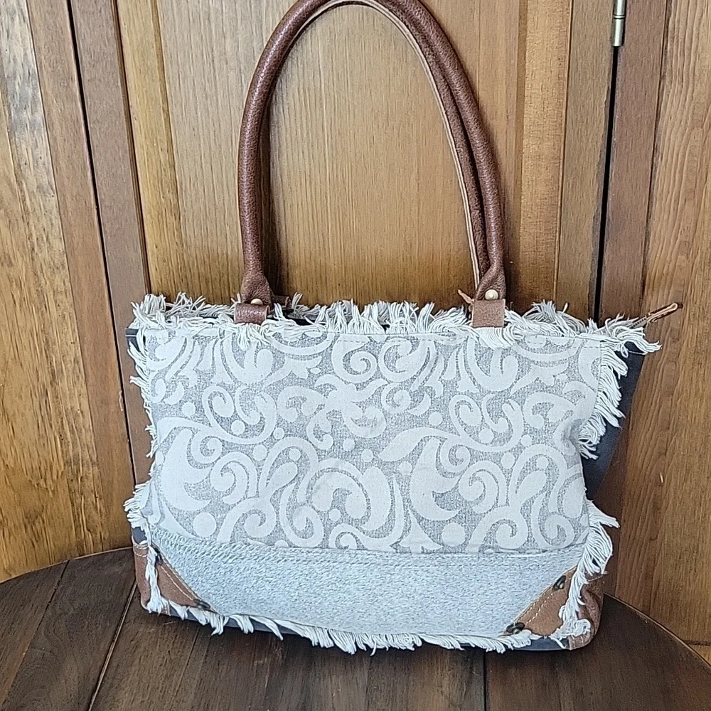 Myra Hair On Upcycled Canvas Leather Handbag